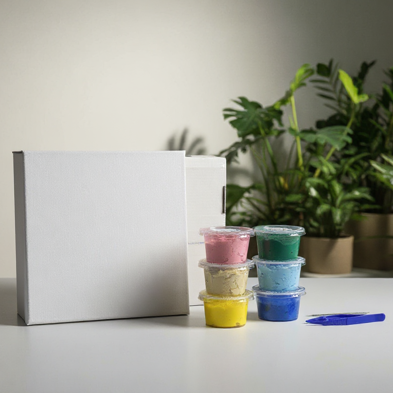 Colorful containers with a white canvas on a table with plants in the background